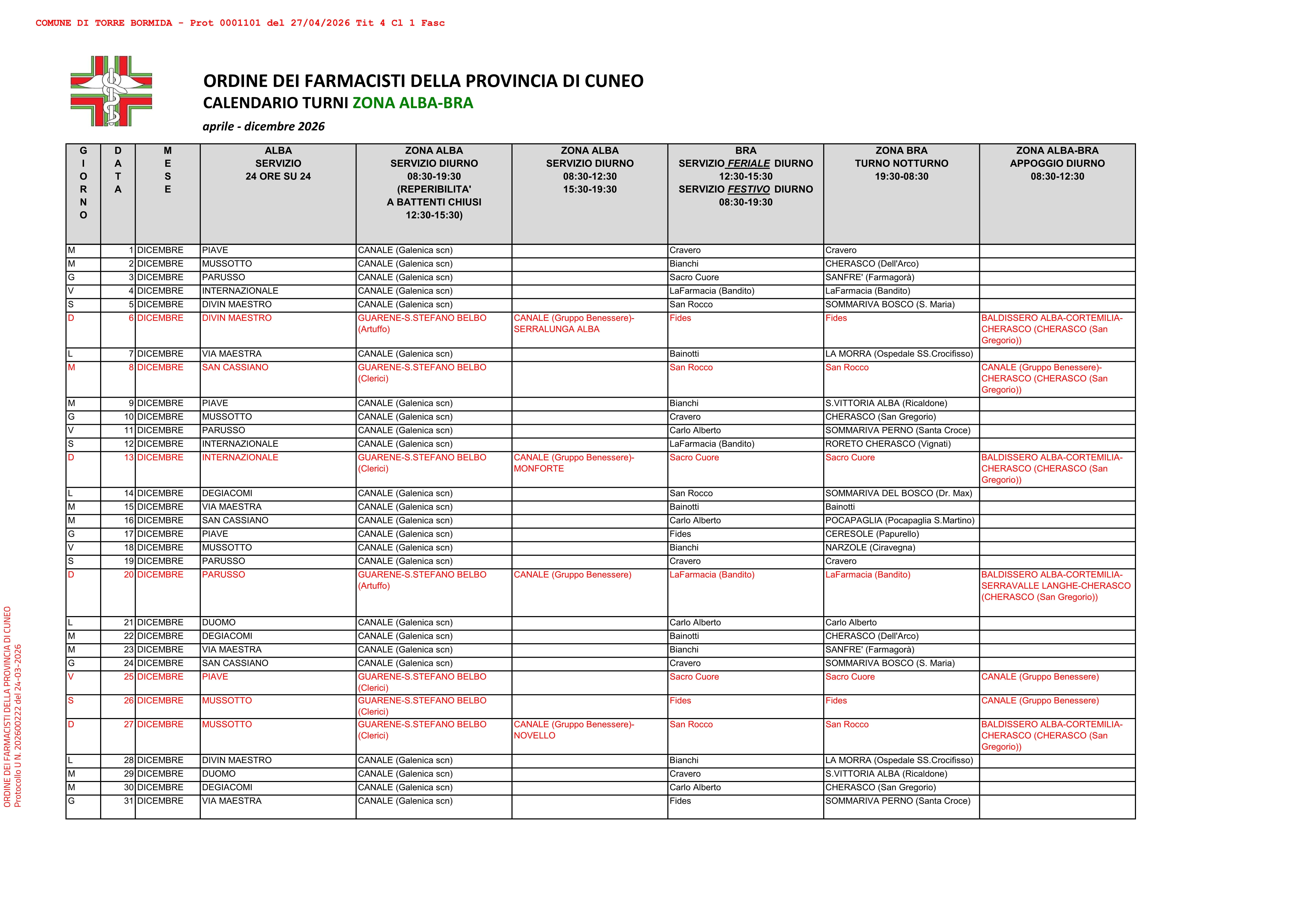 Calendario turni di guardia farmaceutica maggio-dicembre 2026 e calendario chiusura per ferie farmacie convenzionate con ASL CN2 Alba-Bra anno 2026 e primo trimestre 2027